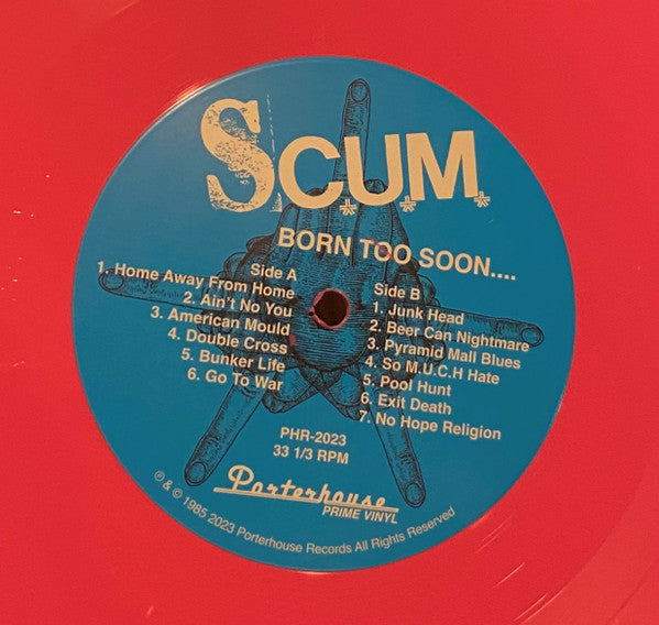 SC.U.M.* : Born Too Soon.... (LP, Album, RE, RM, Pin)