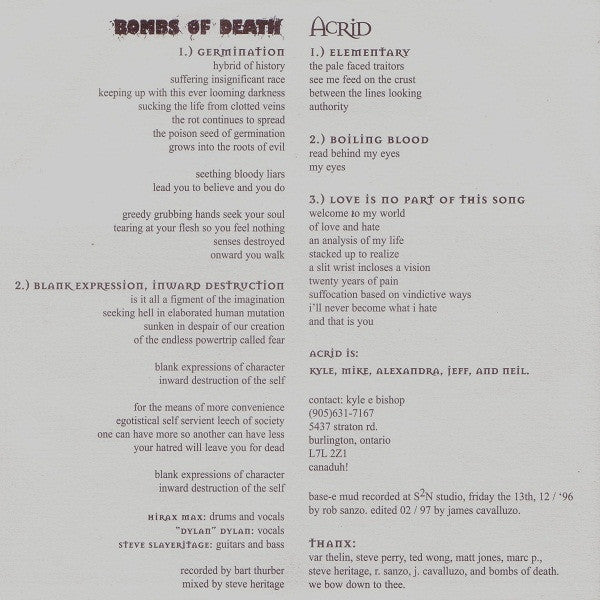 Bombs Of Death / Acrid : Bombs Of Death / Acrid (7", Ora)